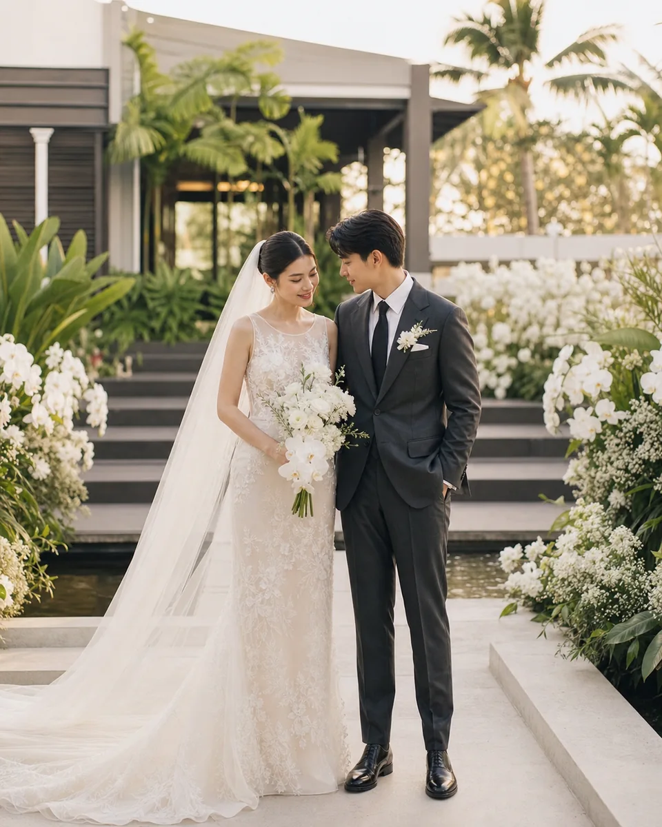 คู่บ่าวสาวในพิธีแต่งงานสวนสไตล์โมเดิร์น